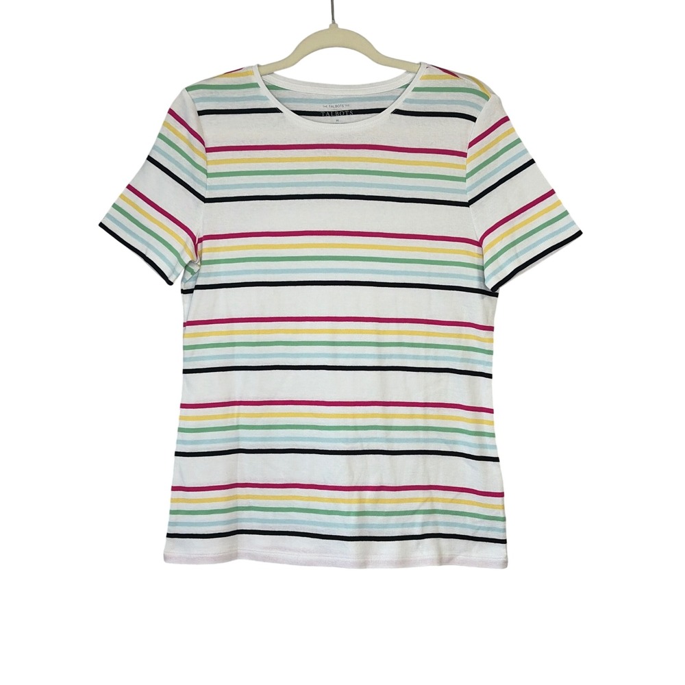 Talbots Womens White Multi Color Striped Short Sleeve Cotton Crewneck Tee M
